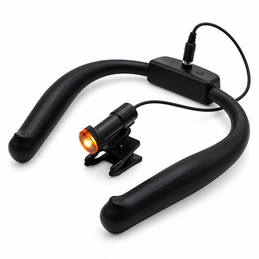 LED-nekhoofdlamp met zwarte nekband, LED-lampje en clip